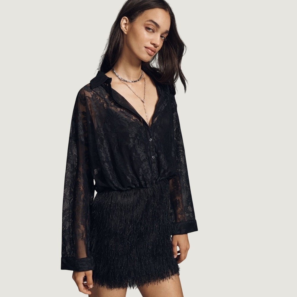black lace dress anthropologie | Dresses | Anthropologie 2fer Fringe Shirtdress L Mini Party Size:2 US (34 EU) Fav color of the swatches-felicita-off-shoulder-long-sleeve-chiffon-mini-dress Applique dress